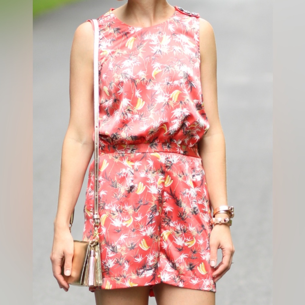 Peter Som For Design Nation Tropical Banana Print Satin Coral Romper Size 14